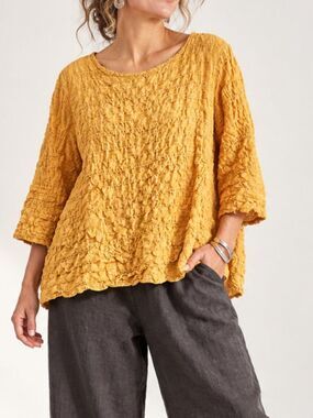 Cut Loose Mustard Yellow Cotton Linen Crinkle Top M 3/4 Sleeve Lagenlook